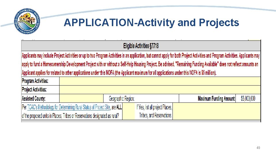 APPLICATION-Activity and Projects • Screen shot of the Eligible Activity tab 49 