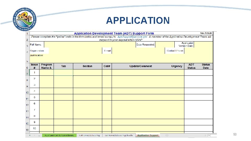 APPLICATION • Screen shot of application support tab 50 