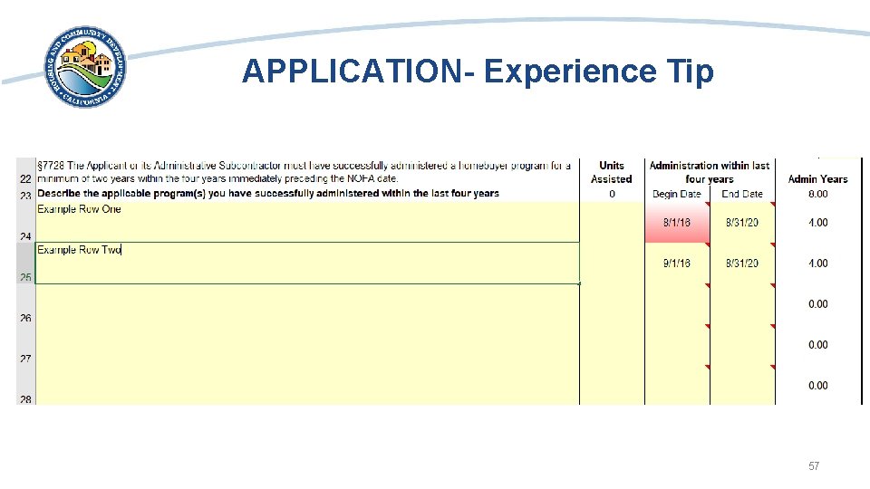 APPLICATION- Experience Tip • Screen shot of experience chart in the excel application 57