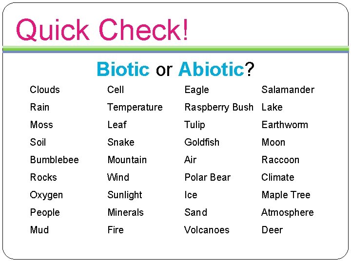 Quick Check! Biotic or Abiotic? Clouds Cell Eagle Salamander Rain Temperature Raspberry Bush Lake