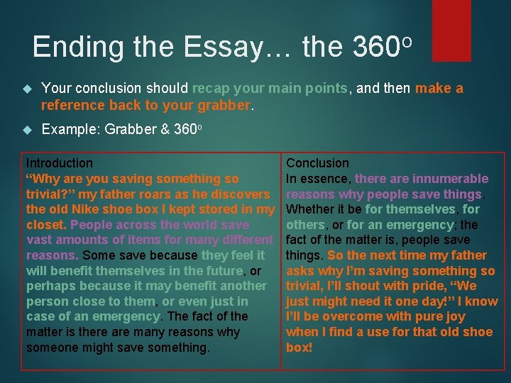 o Ending the Essay… the 360 Your conclusion should recap your main points, and