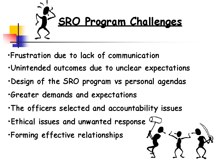SRO Program Challenges • Frustration due to lack of communication • Unintended outcomes due