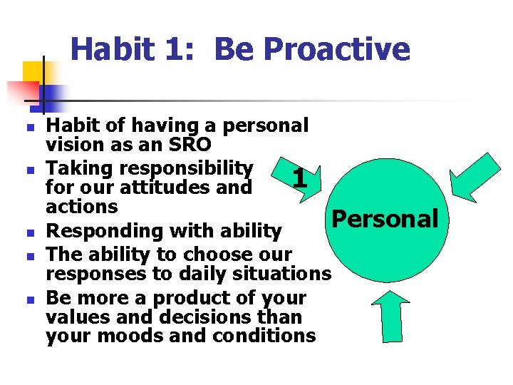 Habit 1: Be Proactive n n n Habit of having a personal vision as