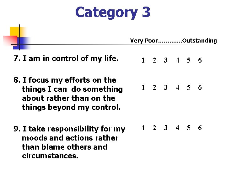 Category 3 Very Poor…………. Outstanding 7. I am in control of my life. 8.