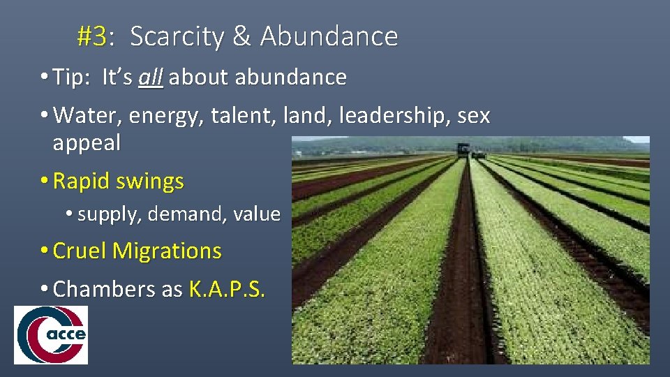 #3: Scarcity & Abundance • Tip: It’s all about abundance • Water, energy, talent,