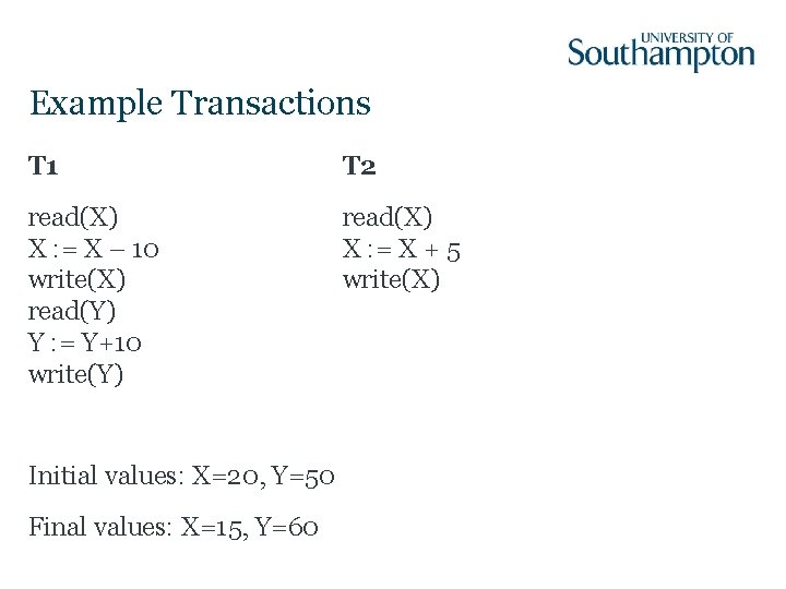 Example Transactions T 1 T 2 read(X) X : = X – 10 write(X)