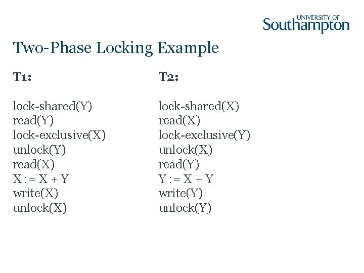 Two-Phase Locking Example T 1: T 2: lock-shared(Y) read(Y) lock-exclusive(X) unlock(Y) read(X) X :