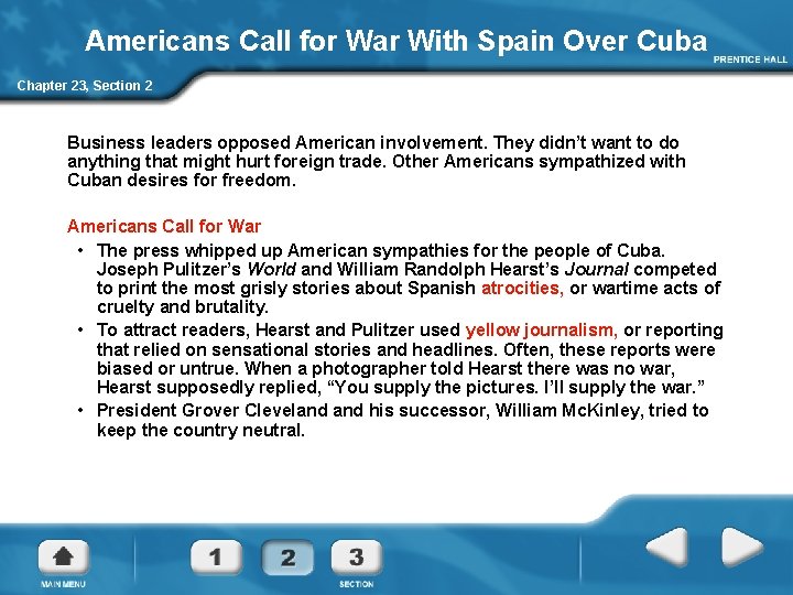 Americans Call for War With Spain Over Cuba Chapter 23, Section 2 Business leaders