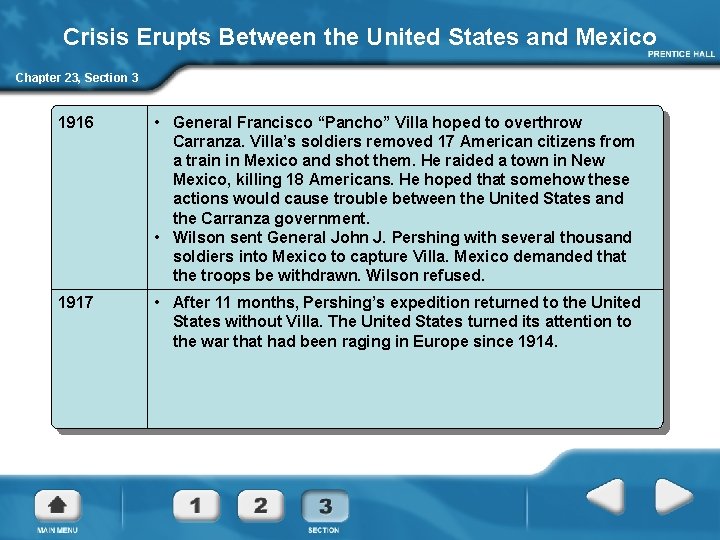 Crisis Erupts Between the United States and Mexico Chapter 23, Section 3 1916 •