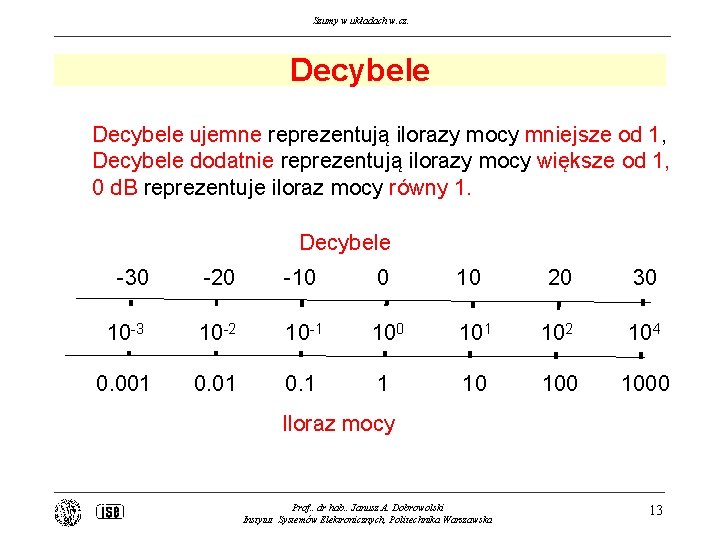 Szumy w układach w. cz. Decybele ujemne reprezentują ilorazy mocy mniejsze od 1, Decybele