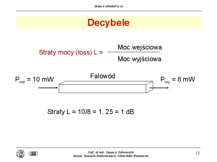 Szumy w układach w. cz. Decybele Straty mocy (loss) L = Pwe = 10