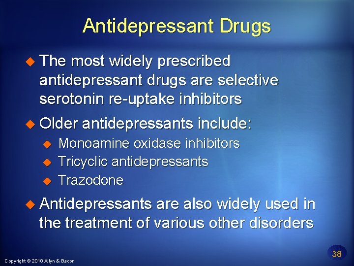 Antidepressant Drugs The most widely prescribed antidepressant drugs are selective serotonin re-uptake inhibitors Older