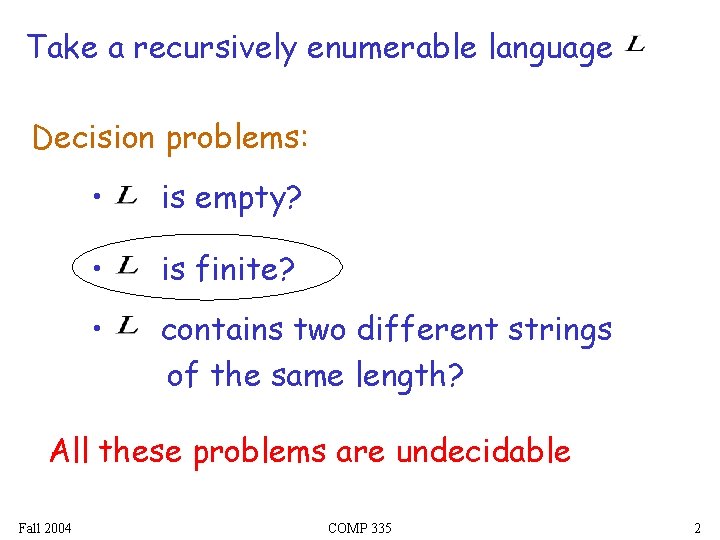 Take a recursively enumerable language Decision problems: • is empty? • is finite? •