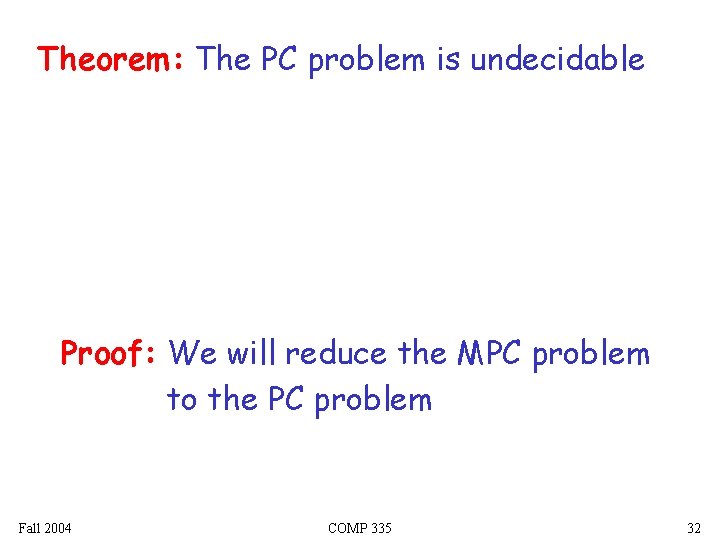 Theorem: The PC problem is undecidable Proof: We will reduce the MPC problem to