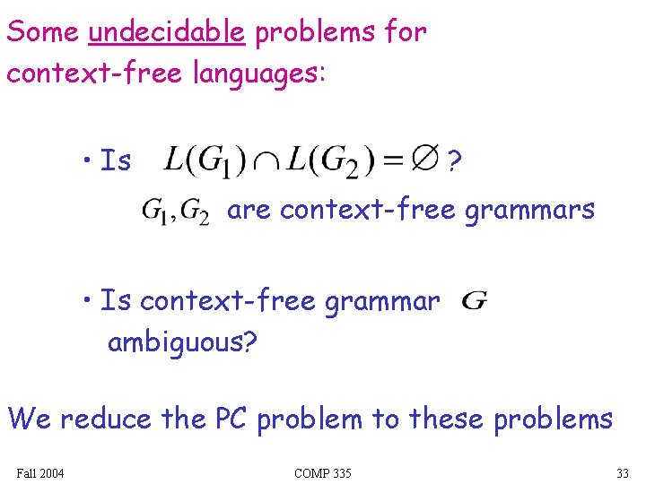 Some undecidable problems for context-free languages: • Is ? are context-free grammars • Is