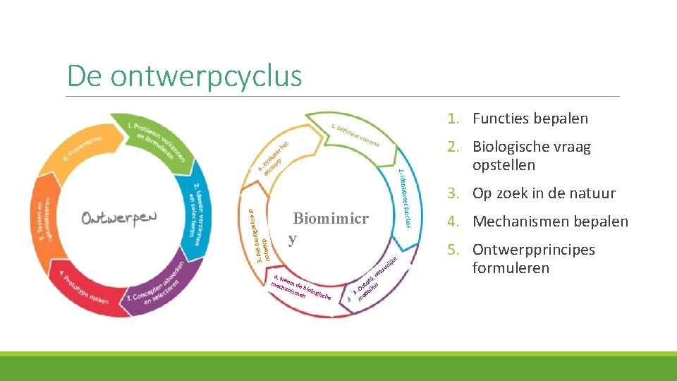 De ontwerpcyclus 1. D 1. Functies bepalen efin er ext ceer funct Biomimicr y