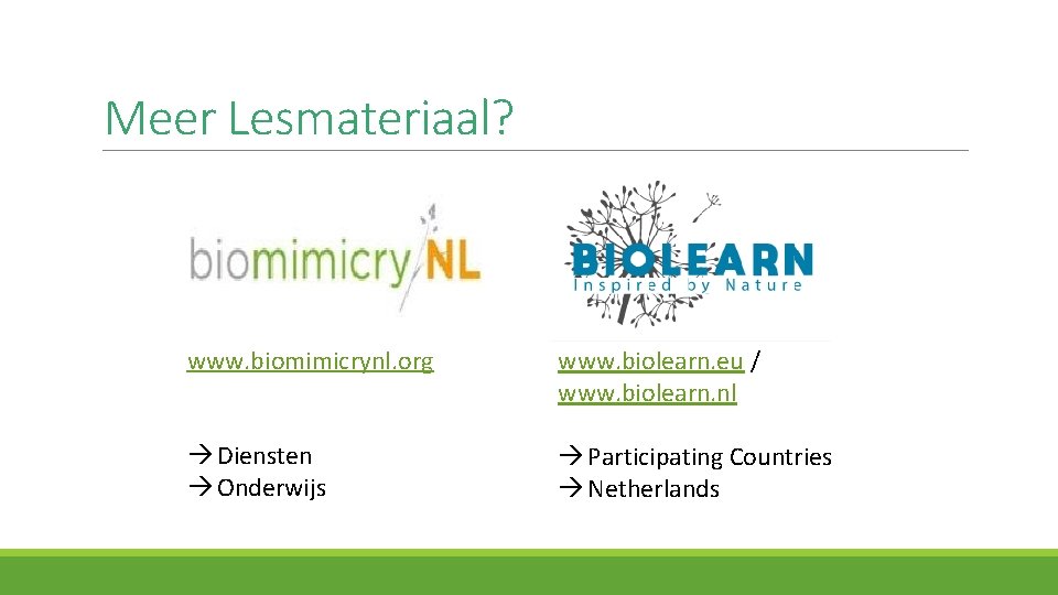 Meer Lesmateriaal? www. biomimicrynl. org www. biolearn. eu / www. biolearn. nl Diensten Onderwijs