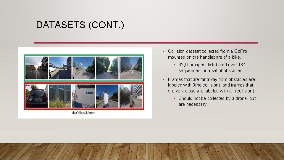 DATASETS (CONT. ) • Collision dataset collected from a Go. Pro mounted on the