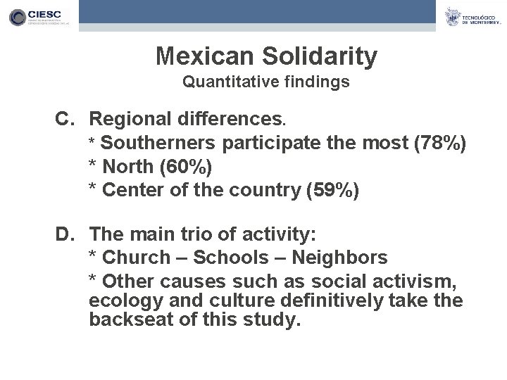 Mexican Solidarity Quantitative findings C. Regional differences. * Southerners participate the most (78%) *