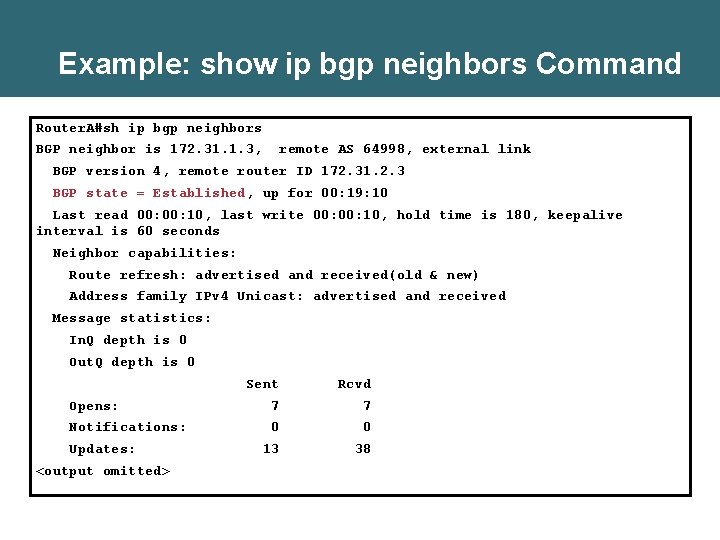 Example: show ip bgp neighbors Command Router. A#sh ip bgp neighbors BGP neighbor is