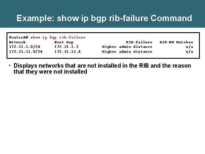 Example: show ip bgp rib-failure Command Router. A# show ip bgp rib-failure Network Next