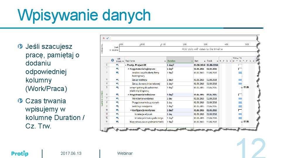 Wpisywanie danych Jeśli szacujesz pracę, pamiętaj o dodaniu odpowiedniej kolumny (Work/Praca) Czas trwania wpisujemy