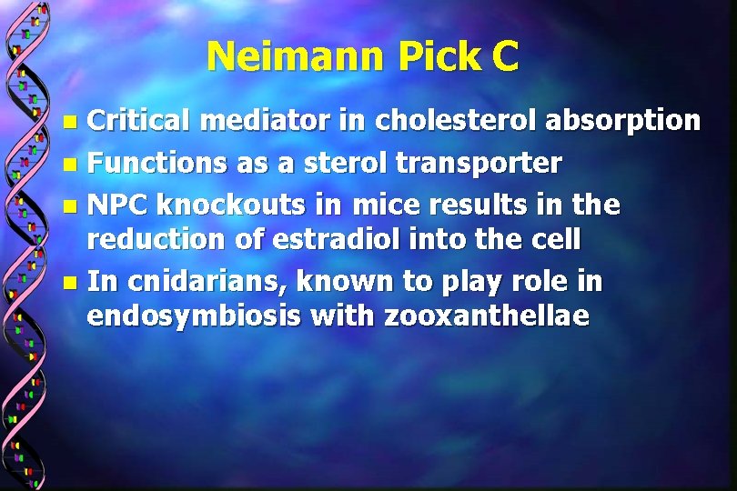 Neimann Pick C Critical mediator in cholesterol absorption n Functions as a sterol transporter