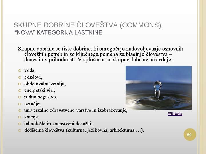 SKUPNE DOBRINE ČLOVEŠTVA (COMMONS) “NOVA” KATEGORIJA LASTNINE Skupne dobrine so tiste dobrine, ki omogočajo