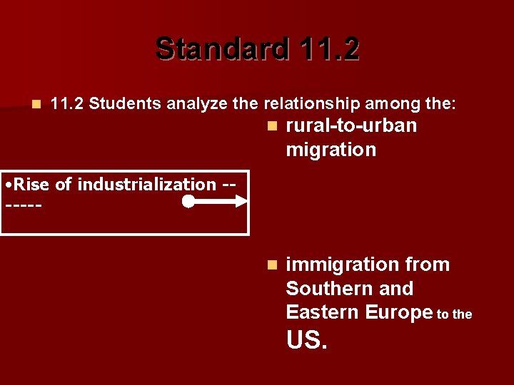Standard 11. 2 n 11. 2 Students analyze the relationship among the: n rural-to-urban