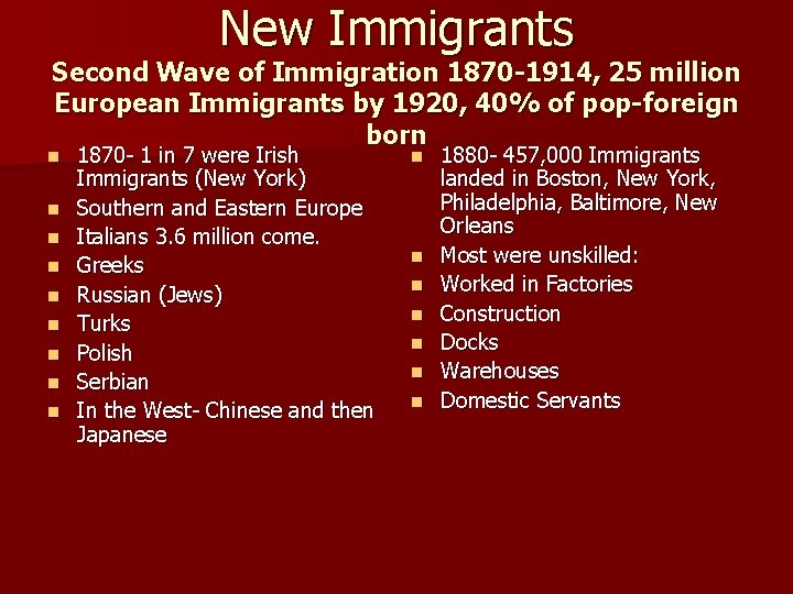New Immigrants Second Wave of Immigration 1870 -1914, 25 million European Immigrants by 1920,
