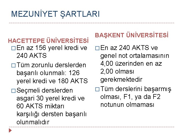 MEZUNİYET ŞARTLARI HACETTEPE ÜNİVERSİTESİ � En az 156 yerel kredi ve 240 AKTS �