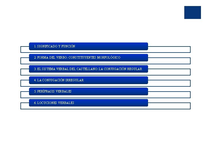 1. SIGNIFICADO Y FUNCIÓN 2. FORMA DEL VERBO: CONSTITUYENTES MORFOLÓGICO 3. EL SISTEMA VERBAL