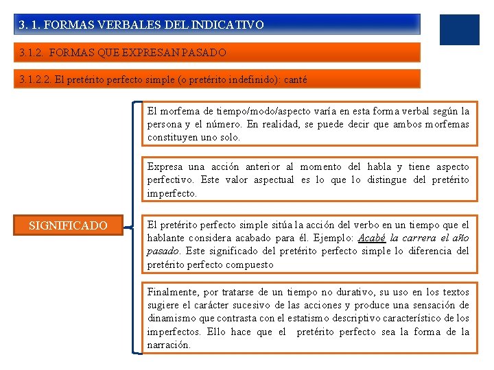 3. 1. FORMAS VERBALES DEL INDICATIVO 3. 1. 2. FORMAS QUE EXPRESAN PASADO 3.