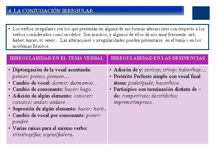 4. LA CONJUGACIÓN IRREGULAR • Los verbos irregulares son los que presentan en alguna