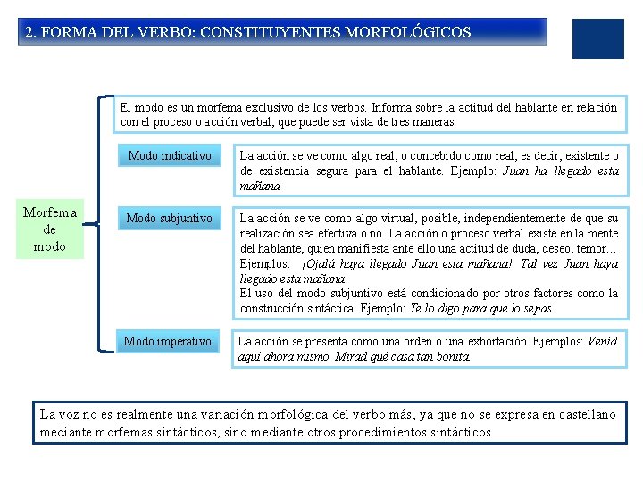 2. FORMA DEL VERBO: CONSTITUYENTES MORFOLÓGICOS El modo es un morfema exclusivo de los