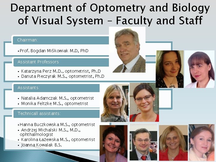Department of Optometry and Biology of Visual System – Faculty and Staff Chairman: •