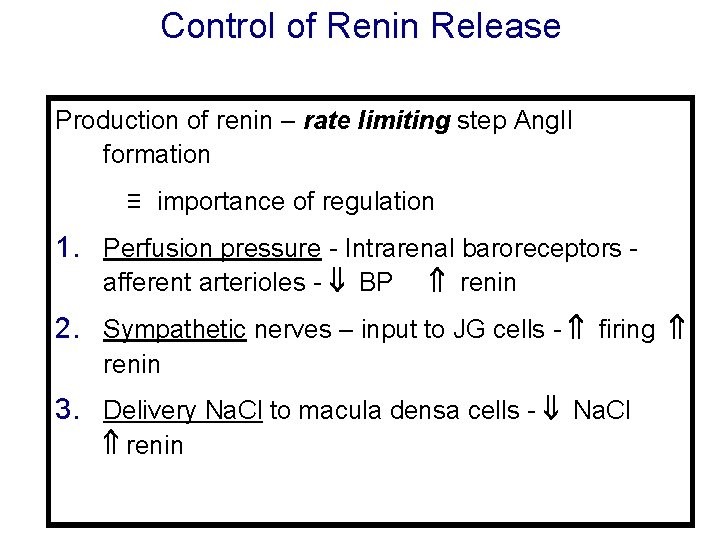Control of Renin Release Production of renin – rate limiting step Ang. II formation