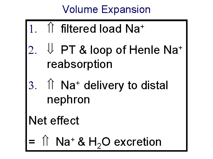 Volume Expansion 1. filtered load Na+ 2. PT & loop of Henle Na+ reabsorption