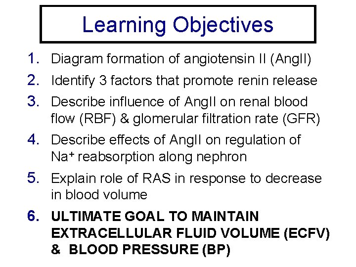 Learning Objectives 1. Diagram formation of angiotensin II (Ang. II) 2. Identify 3 factors