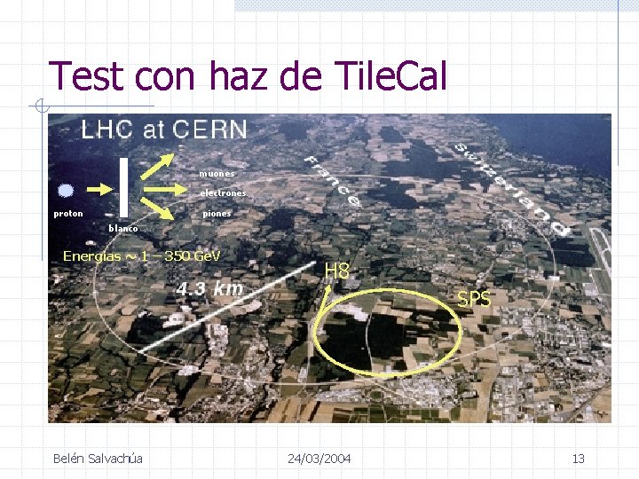 Test con haz de Tile. Cal muones electrones proton piones blanco Energias ~ 1