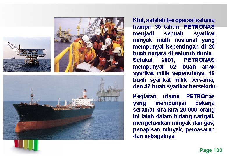 Kini, setelah beroperasi selama hampir 30 tahun, PETRONAS menjadi sebuah syarikat minyak multi nasional