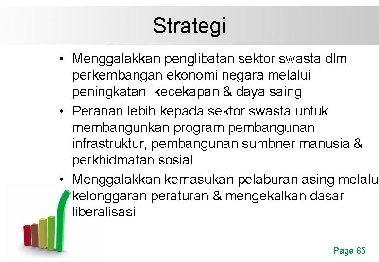 Strategi • Menggalakkan penglibatan sektor swasta dlm perkembangan ekonomi negara melalui peningkatan kecekapan &