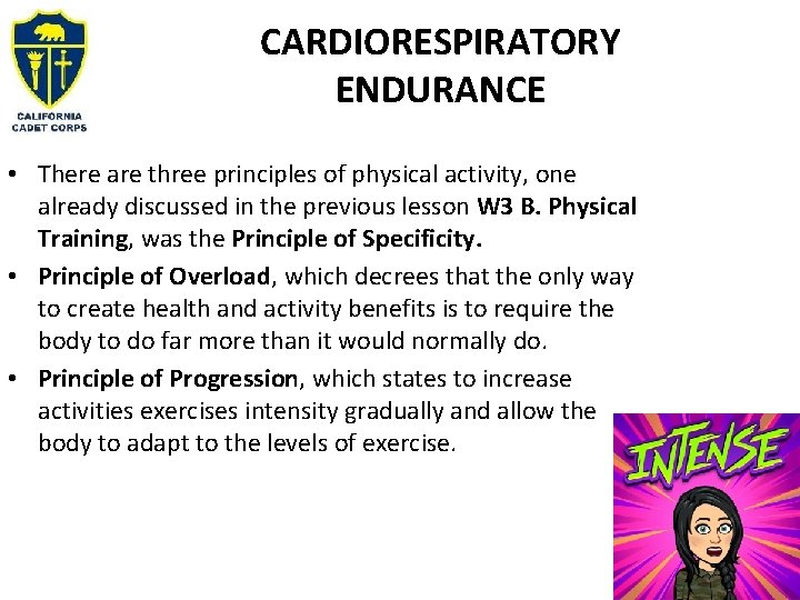 CARDIORESPIRATORY ENDURANCE • There are three principles of physical activity, one already discussed in