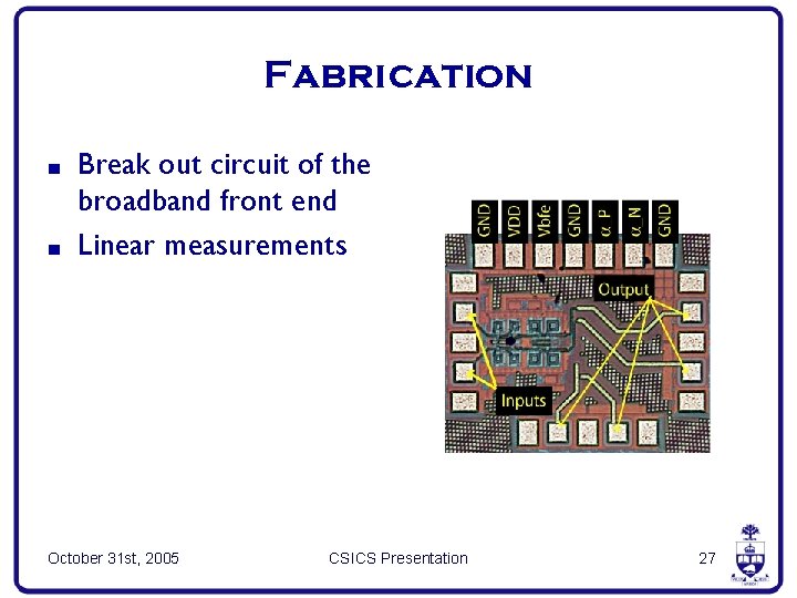 Fabrication ■ ■ Break out circuit of the broadband front end Linear measurements October