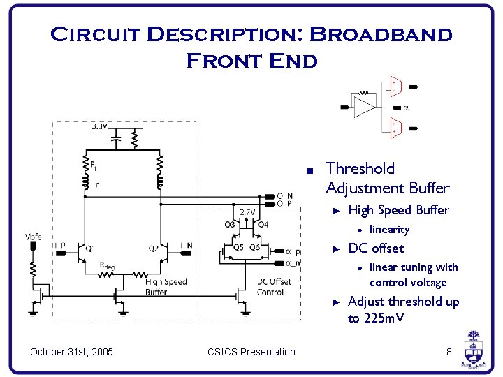 Circuit Description: Broadband Front End ■ Threshold Adjustment Buffer ► High Speed Buffer ●