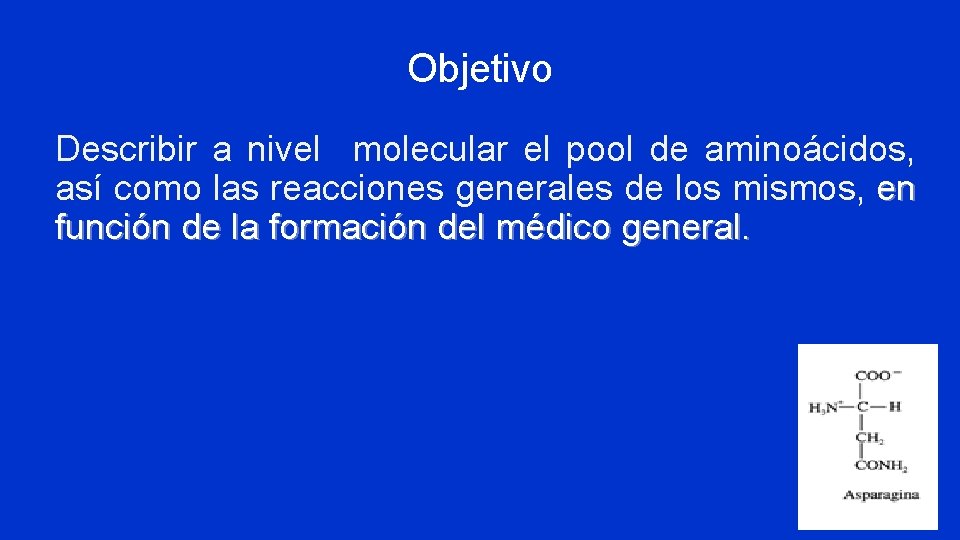 Objetivo Describir a nivel molecular el pool de aminoácidos, así como las reacciones generales