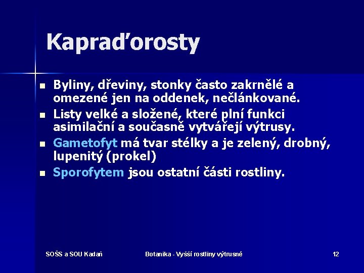 Kapraďorosty n n Byliny, dřeviny, stonky často zakrnělé a omezené jen na oddenek, nečlánkované.