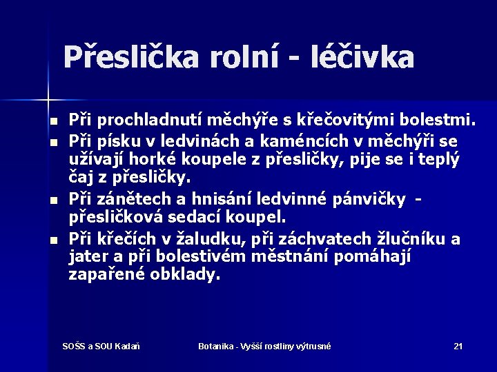 Přeslička rolní - léčivka n n Při prochladnutí měchýře s křečovitými bolestmi. Při písku