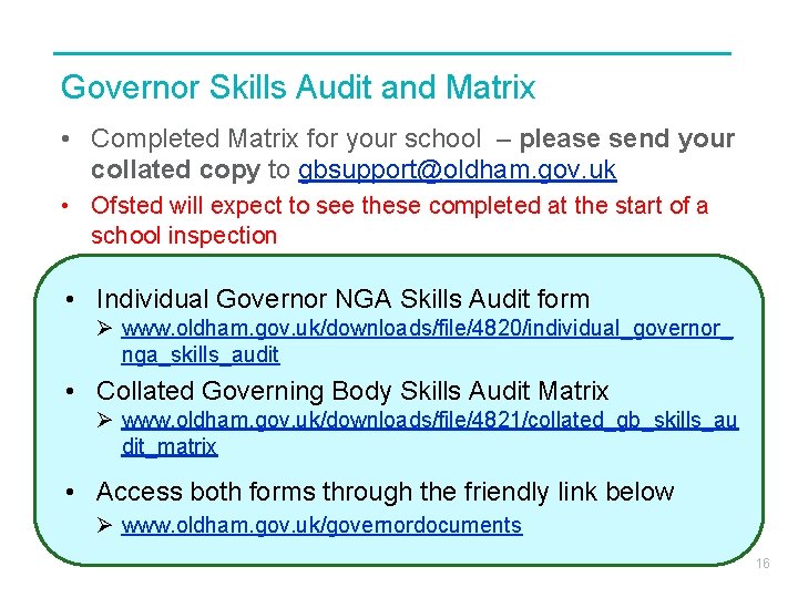 Governor Skills Audit and Matrix • Completed Matrix for your school – please send