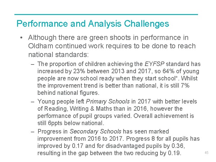 Performance and Analysis Challenges • Although there are green shoots in performance in Oldham